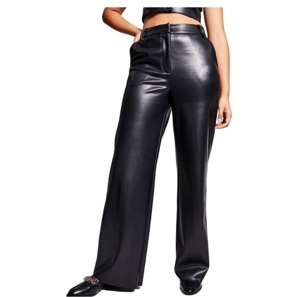 Jeannie Mai INC faux Leather High Waist Wide Leg Pants Size 14 Petite - Picture 2 of 8